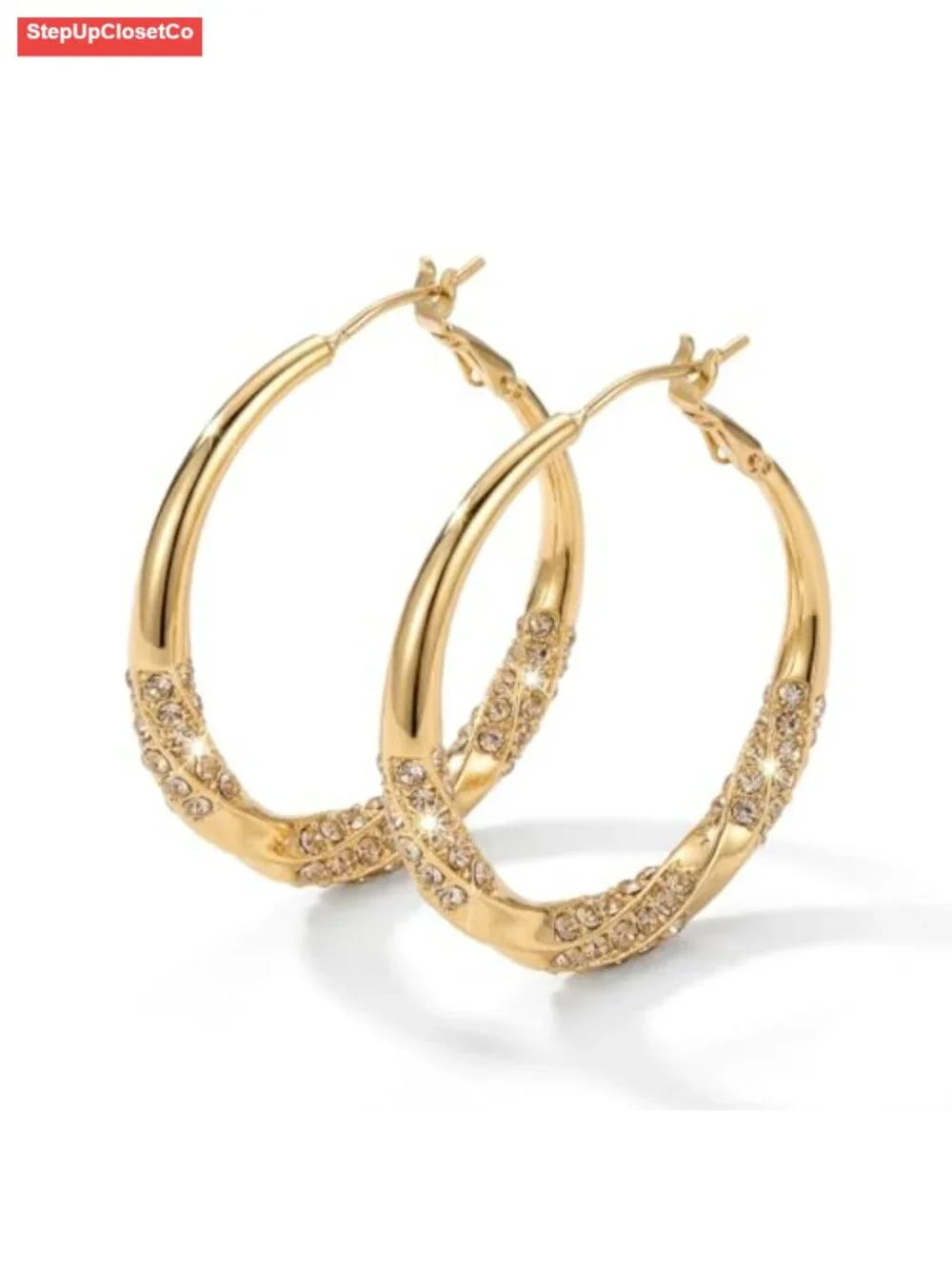 Twisted Hoop Earrings for Women, Crystal Pavé Statement Earrings, Gold Plated